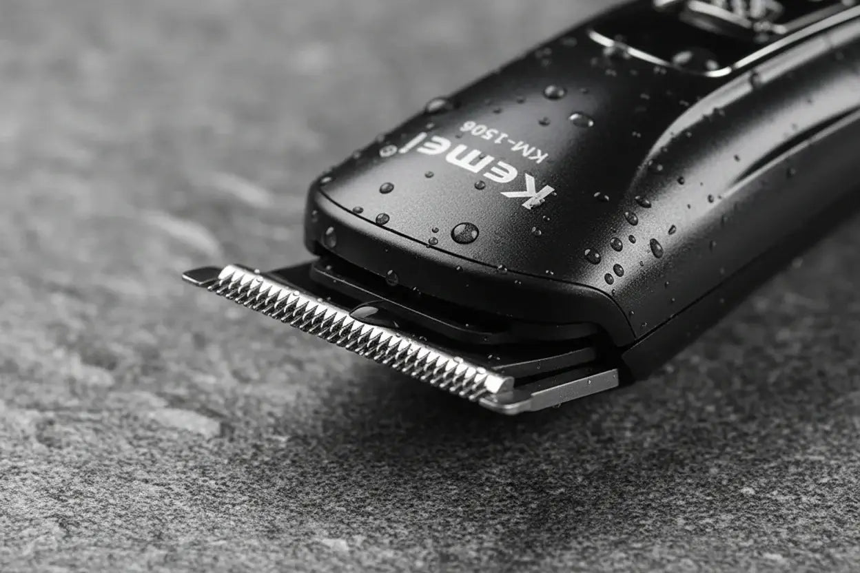 Kemei hair trimmer set with attachments and packaging on a white background