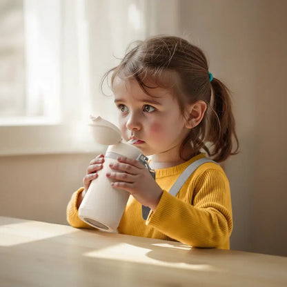 Avent Kids Vacuum Bottle For All-Day Temperature Control being used by a child seated at a table.
