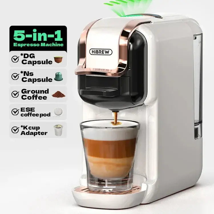 Fresh Coffee in Seconds – Nespresso & Dolce Gusto Compatible HiBREW 5-in-1 capsule and ground coffee machine pouring crema espresso