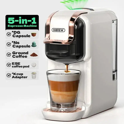 Fresh Coffee in Seconds – Nespresso & Dolce Gusto Compatible HiBREW 5-in-1 capsule and ground coffee machine pouring crema espresso