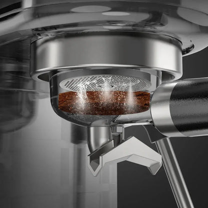 Semi Automatic Espresso Machine – Temperature Adjustable + 20 Bar Extraction showing 51mm portafilter with shower screen extracting espresso crema
