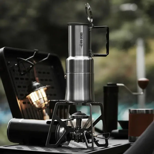 Stainless Steel Moka Pot – Rich Coffee + Foldable Handle on camp stove, 350ml outdoor moka pot with foldable handle