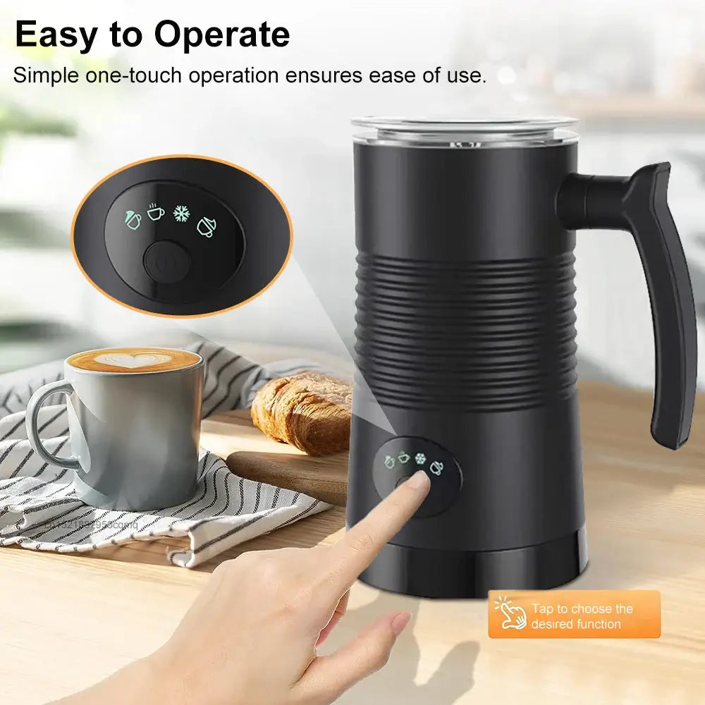 Milk Frother - Café-Quality Foam In Seconds + 4-In-1 electric automatic rotary milk frother with one-touch controls and cup of latte
