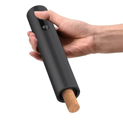 Electric wine opener set showing one-touch cordless operation with cork in place for easy bottle opening.