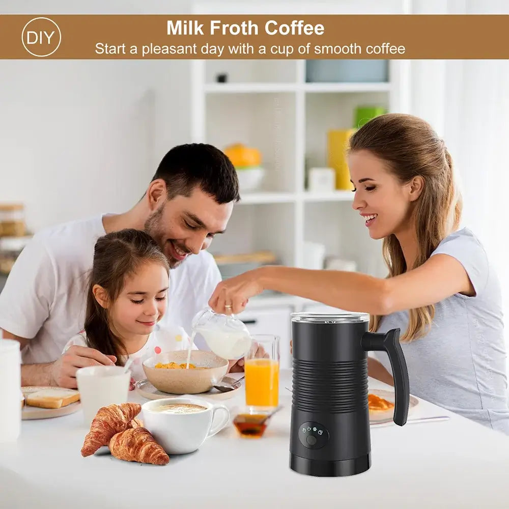 Milk Frother - Café-Quality Foam In Seconds + 4-In-1 automatic rotary milk frother making creamy foam for family breakfast
