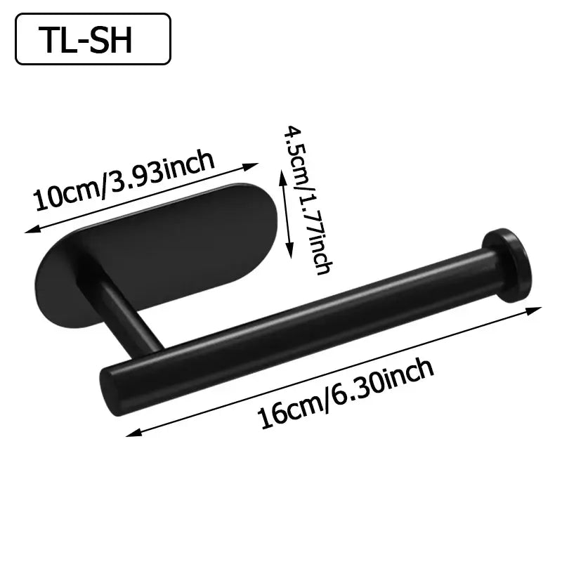 Paper Roll Holder – Moisture-Resistant + Drill-Free Wall Mount, black stainless steel wall-mounted paper towel rack, compact 16cm