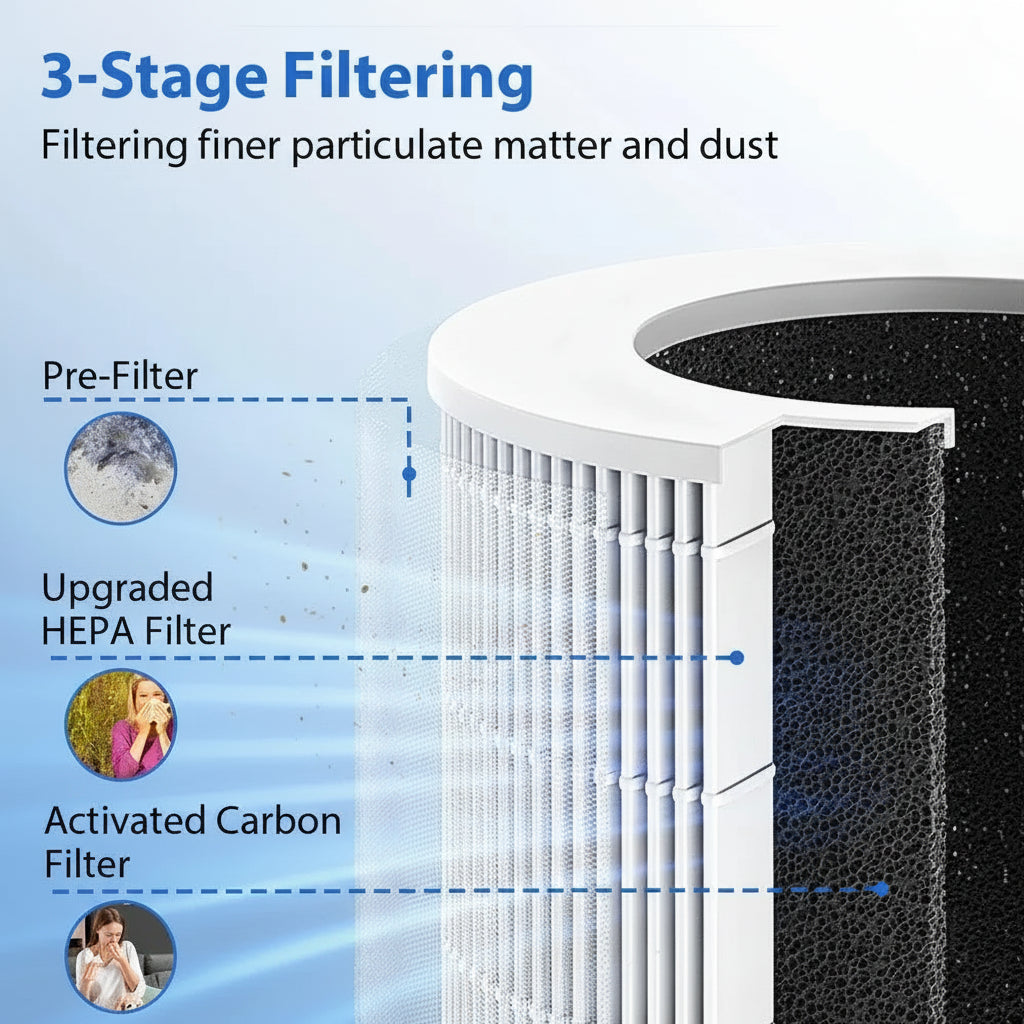 3-stage filtering process of a compact desktop air purifier, showing pre-filter, HEPA filter, and activated carbon filter.
