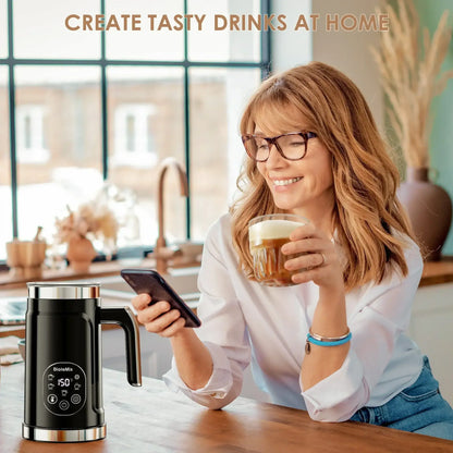 Milk Frother – Cafe-Quality Foam + 5-in-1 Function: BioloMix 5‑in‑1 frother with LED display making hot and cold foam at home