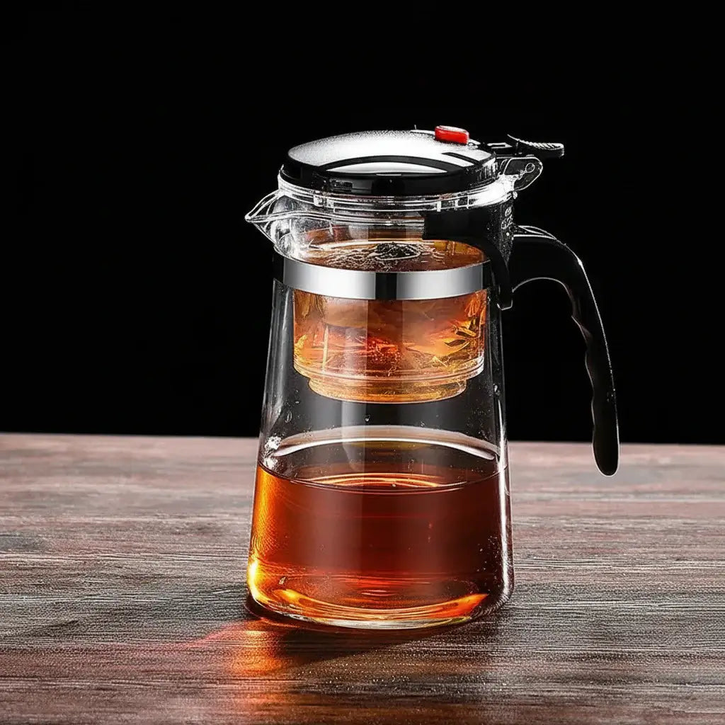 Glass Teapot 1L – Rich Aroma + One-Click Filter System showing clear heat‑resistant glass, built‑in one‑click filter and brewed tea