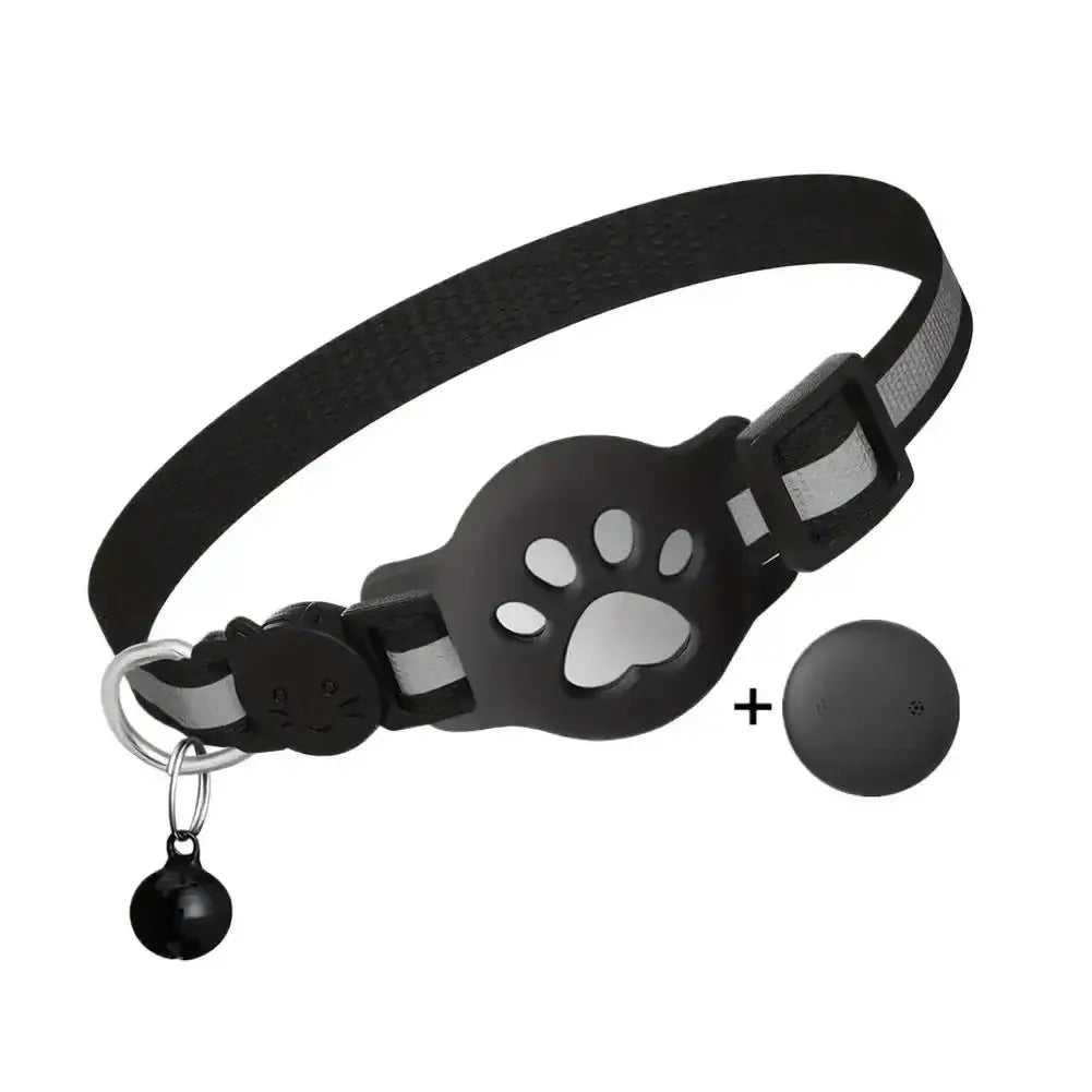 Pet GPS Tracker – Anti-Lost Real-Time Alerts + Waterproof Mini Collar showing black waterproof mini collar with paw cutout, reflector stripe, bell and GPS tag