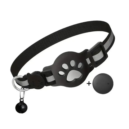 Pet GPS Tracker – Anti-Lost Real-Time Alerts + Waterproof Mini Collar showing black waterproof mini collar with paw cutout, reflector stripe, bell and GPS tag