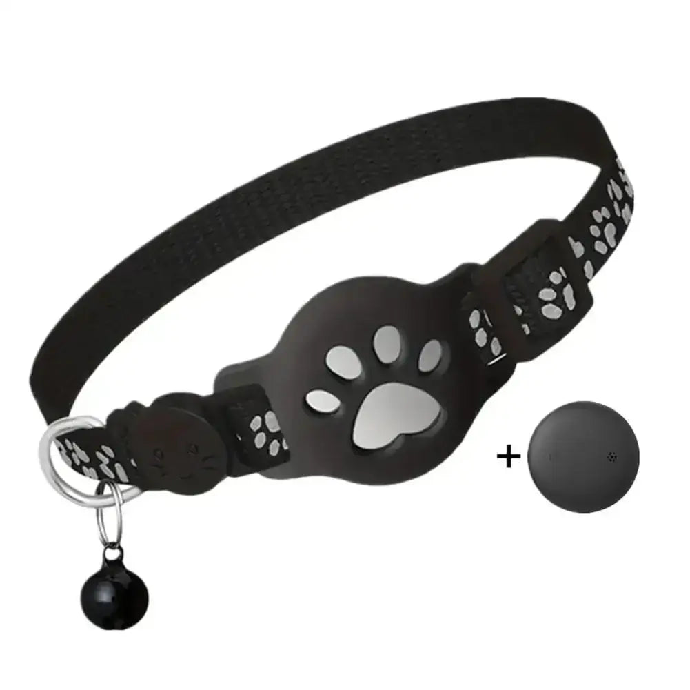 Pet GPS Tracker – Anti-Lost Real-Time Alerts + Waterproof Mini Collar showing black paw-print waterproof mini collar with compact GPS device