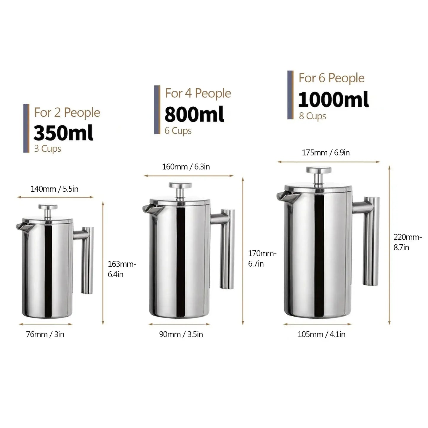 French Press – Longer Heat Retention For Hot, Aroma-Packed Brews + Double-Walled Stainless Steel 350ml 800ml 1000ml size comparison