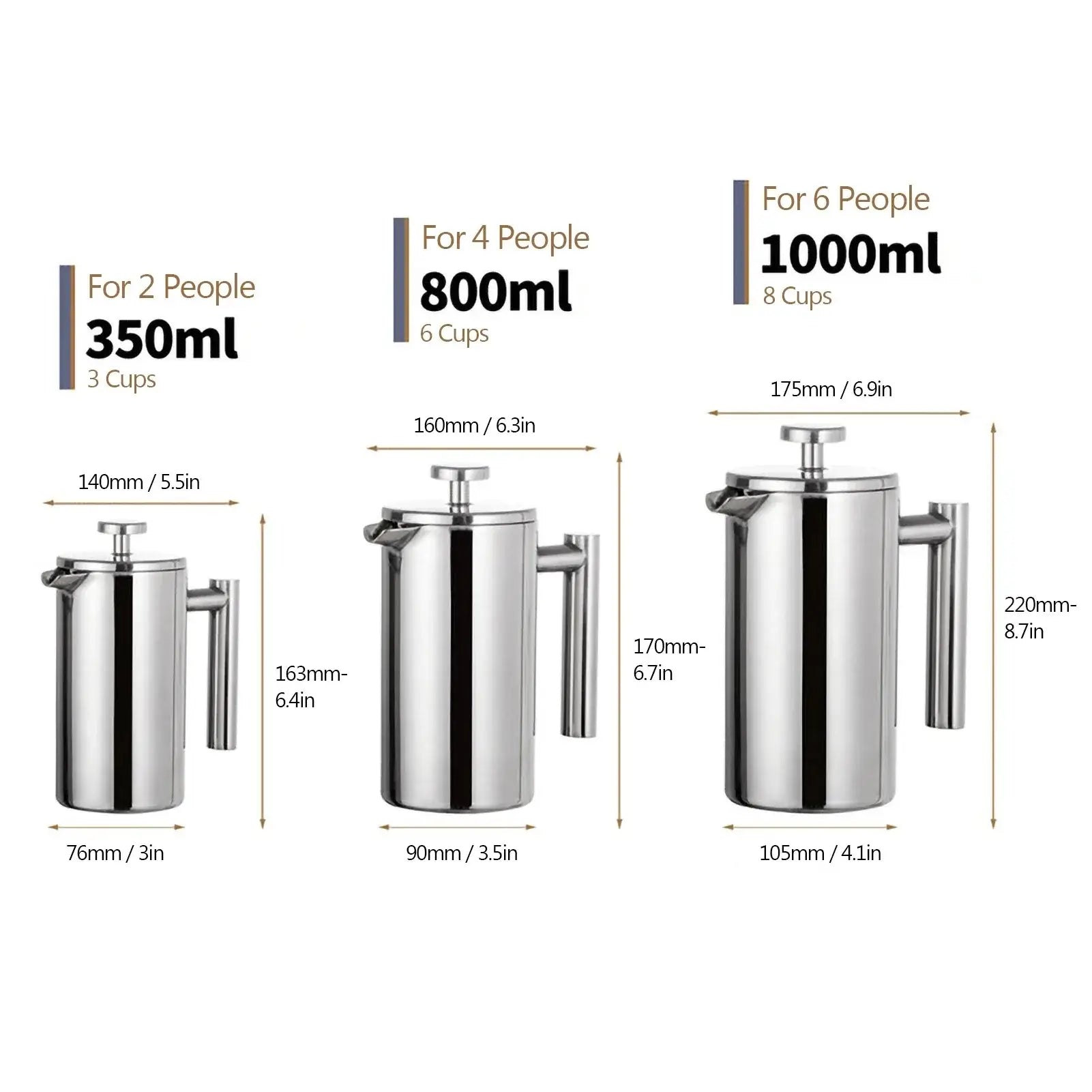 French Press – Longer Heat Retention For Hot, Aroma-Packed Brews + Double-Walled Stainless Steel 350ml 800ml 1000ml size comparison