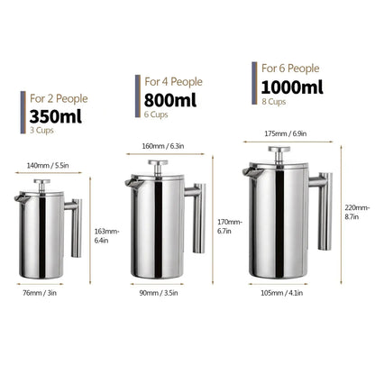 French Press – Longer Heat Retention For Hot, Aroma-Packed Brews + Double-Walled Stainless Steel 350ml 800ml 1000ml size comparison