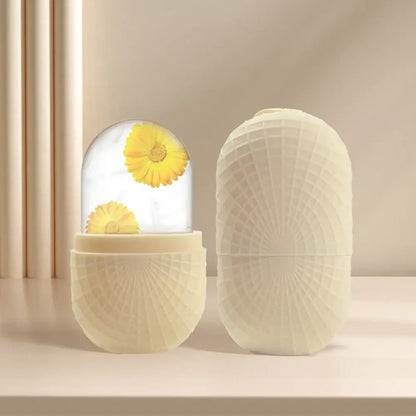 Premium Face Ice Roller For Face And Eyes – Cooling + Leak-Proof Silicone Ice Mold shown open with ice and yellow flowers for under-eye and facial cooling
