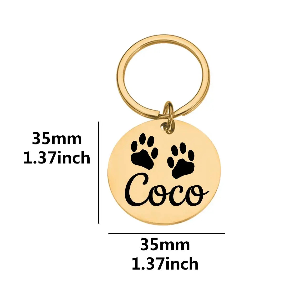 Dog Tag – Permanent Engraving For Legibility + Stainless Steel Quick Release Attachment: 35mm engraved circular pet tag with paw print and name Coco