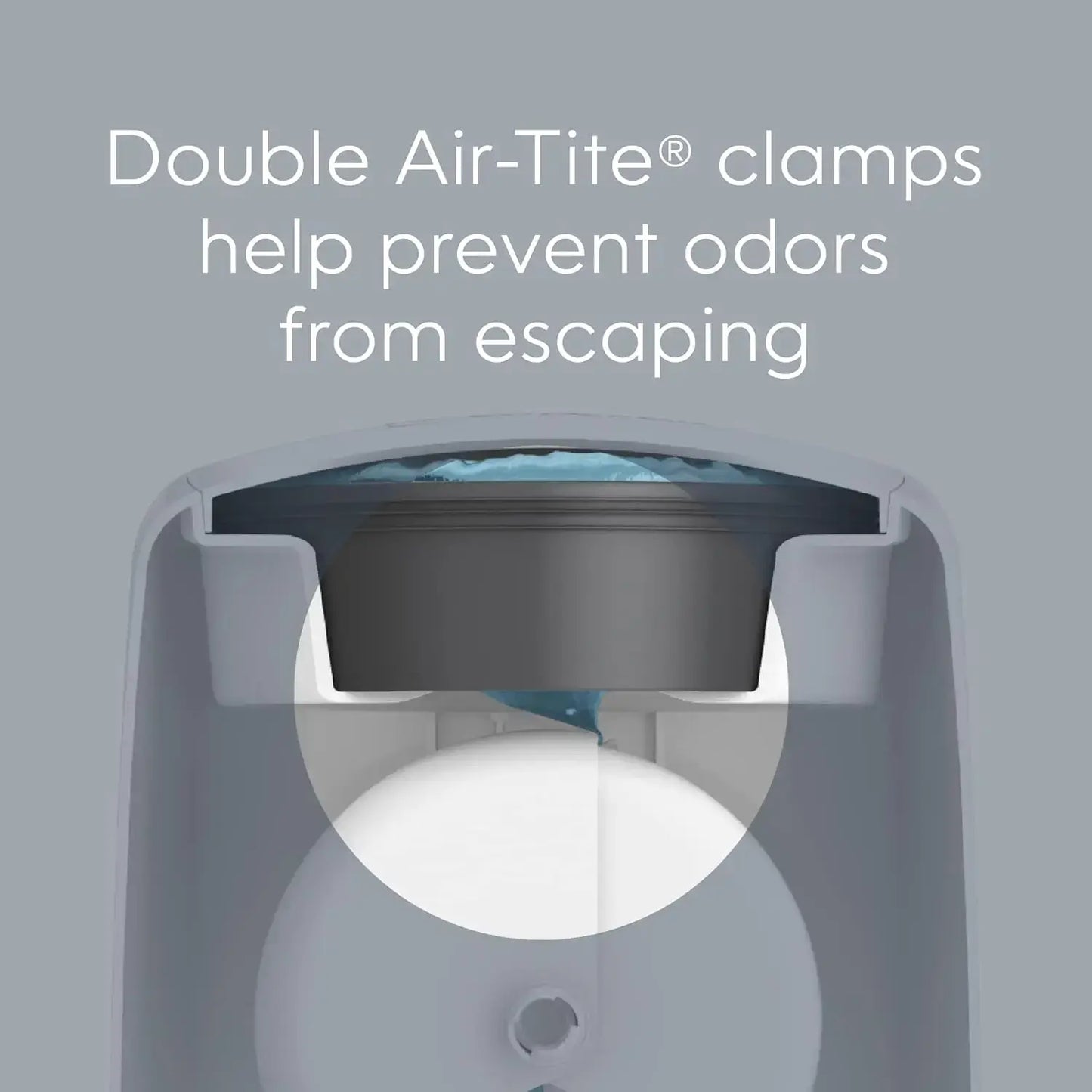 Diaper Pail – Odor-Control + Foot Pedal, Includes Refill Bag for 270 Diapers, White showing double Air-Tite clamps for airtight odor containment