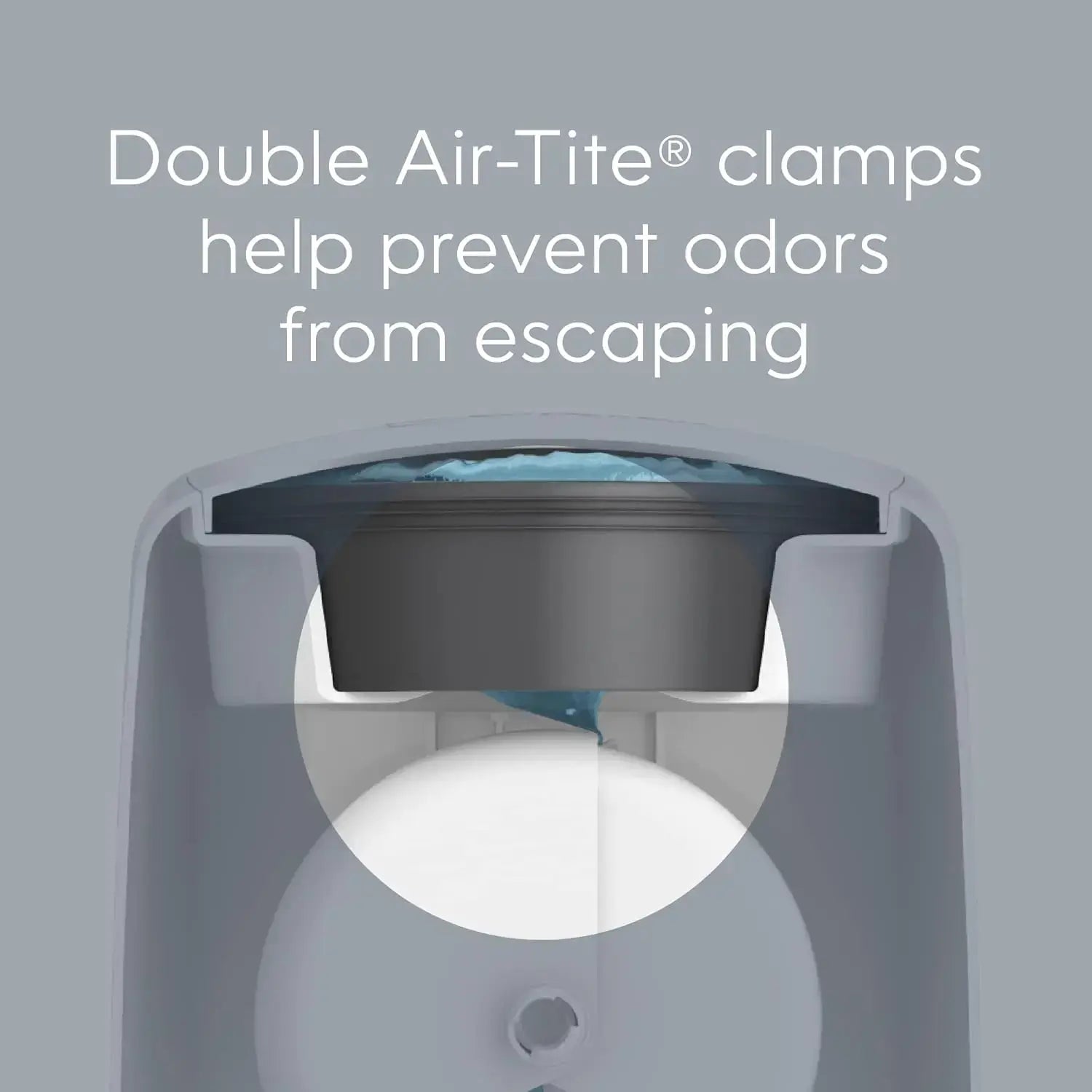 Diaper Pail – Odor-Control + Foot Pedal, Includes Refill Bag for 270 Diapers, White showing double Air-Tite clamps for airtight odor containment