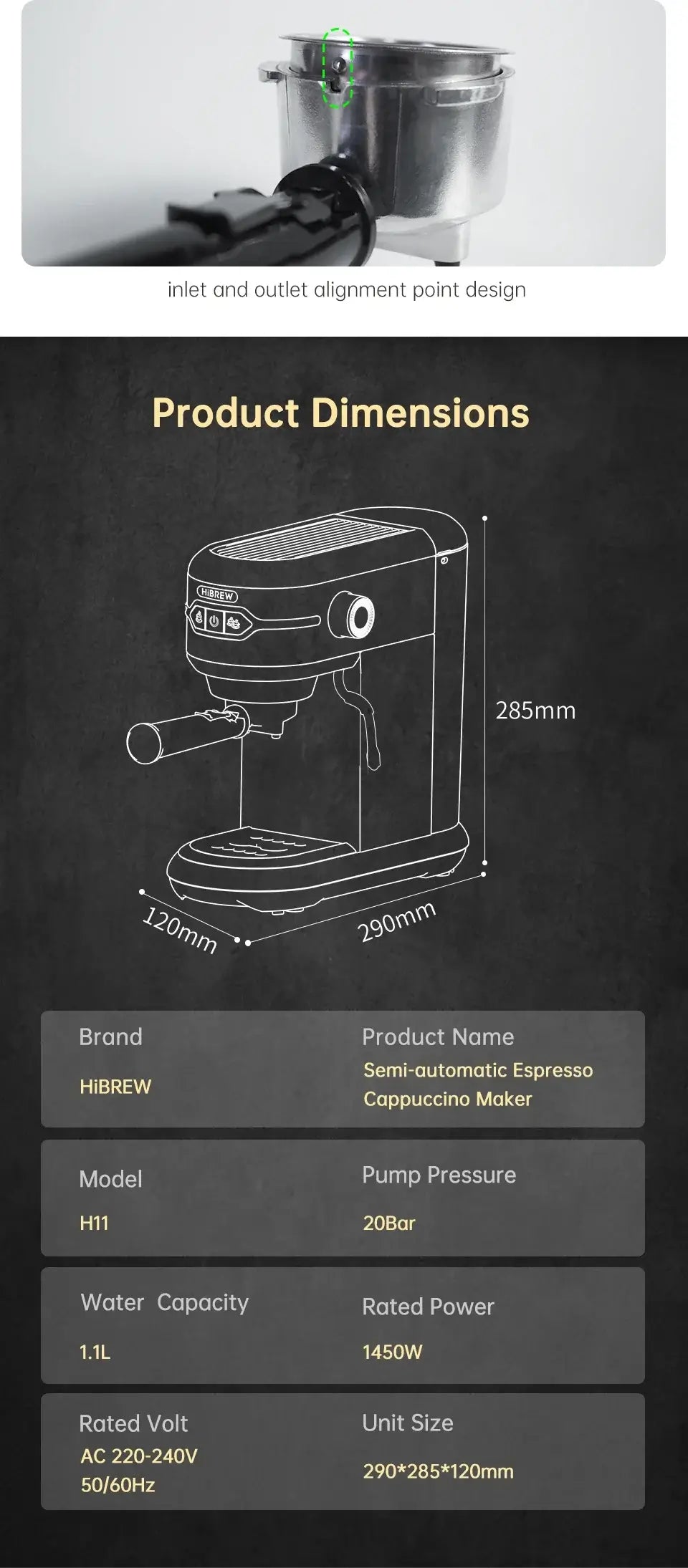 Espresso Machine – Cafe-Quality Espresso With Dense Crema And Rich Body + ESE Pod Compatible compact HiBREW 20-bar dimensions diagram