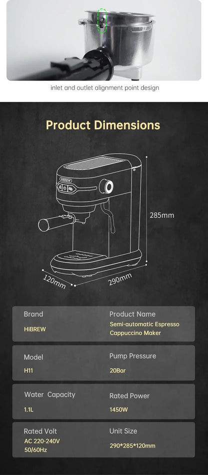 Espresso Machine – Cafe-Quality Espresso With Dense Crema And Rich Body + ESE Pod Compatible compact HiBREW 20-bar dimensions diagram