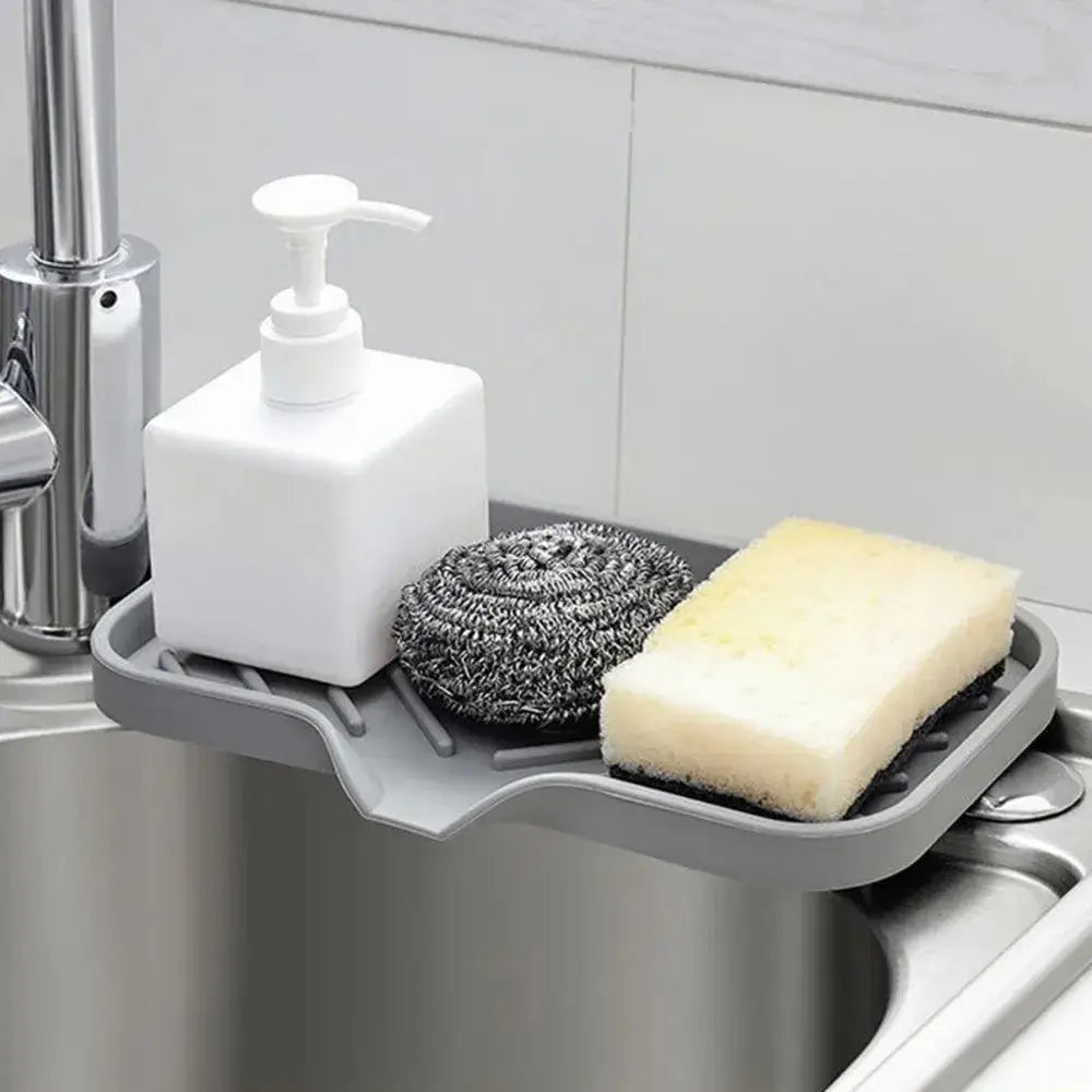 Kitchen Sink Sponge Holder – Dries Sponges Faster + Self-Draining Silicone Tray System on sink holding sponge, scrubber, and soap dispenser