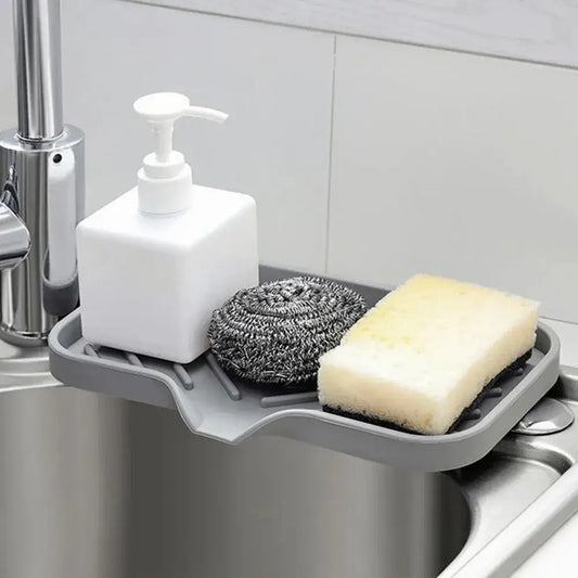 Kitchen Sink Sponge Holder – Dries Sponges Faster + Self-Draining Silicone Tray System on sink holding sponge, scrubber, and soap dispenser