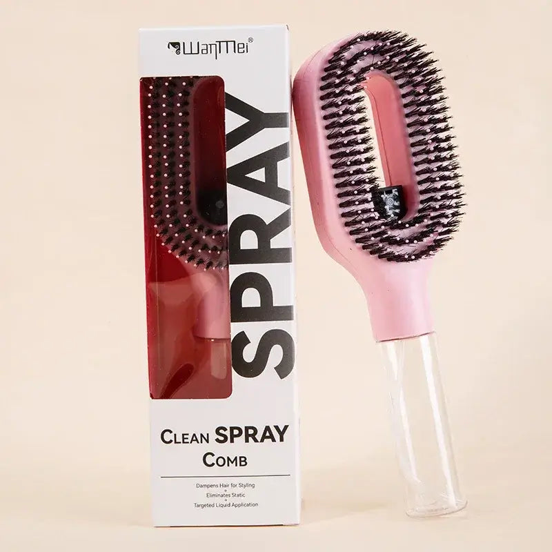 2-in-1 Spray Comb – Pain-Free Detangling for Smooth Hair: pink spray bottle comb with detangling bristles and scalp massager