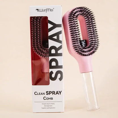 2-in-1 Spray Comb – Pain-Free Detangling for Smooth Hair: pink spray bottle comb with detangling bristles and scalp massager