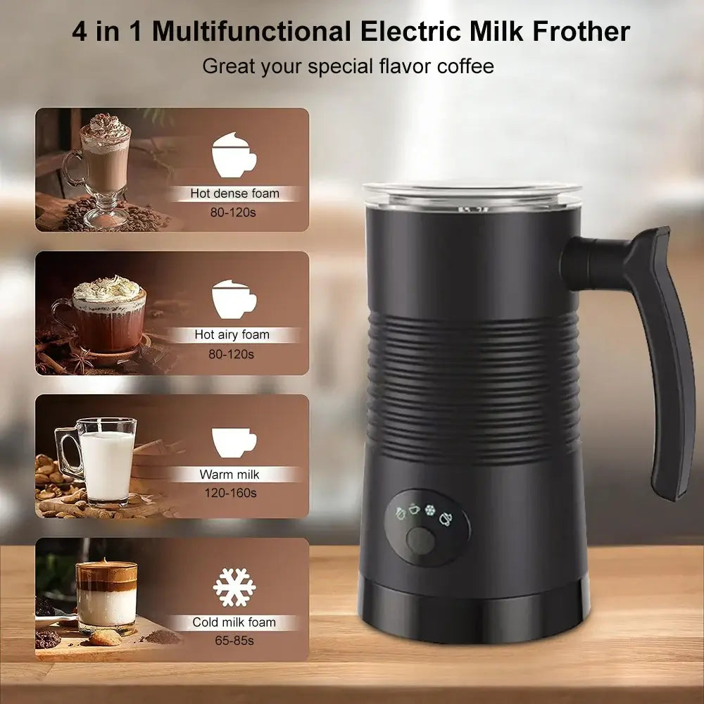 Milk Frother - Café-Quality Foam In Seconds + 4-In-1 black 4-in-1 electric milk frother with handle and foam modes