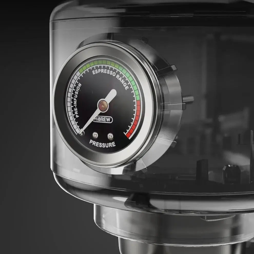 Semi Automatic Espresso Machine – Temperature Adjustable + 20 Bar Extraction pressure gauge close-up on stainless steel espresso machine