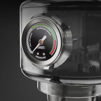 Semi Automatic Espresso Machine – Temperature Adjustable + 20 Bar Extraction pressure gauge close-up on stainless steel espresso machine