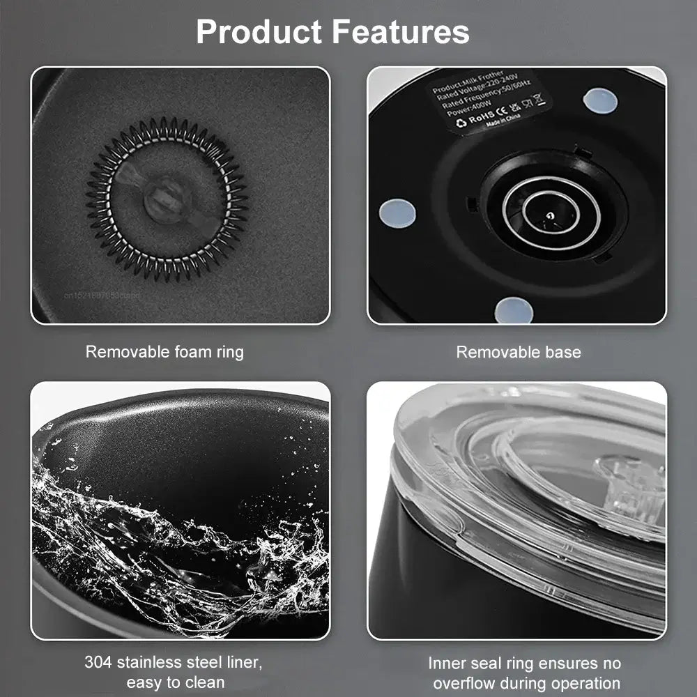 Milk Frother - Café-Quality Foam In Seconds + 4-In-1 removable foam ring, stainless steel liner, removable base