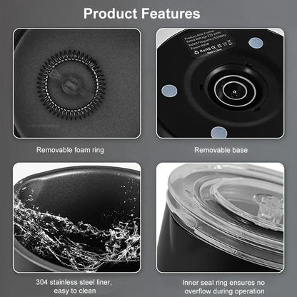 Milk Frother - Café-Quality Foam In Seconds + 4-In-1 removable foam ring, stainless steel liner, removable base