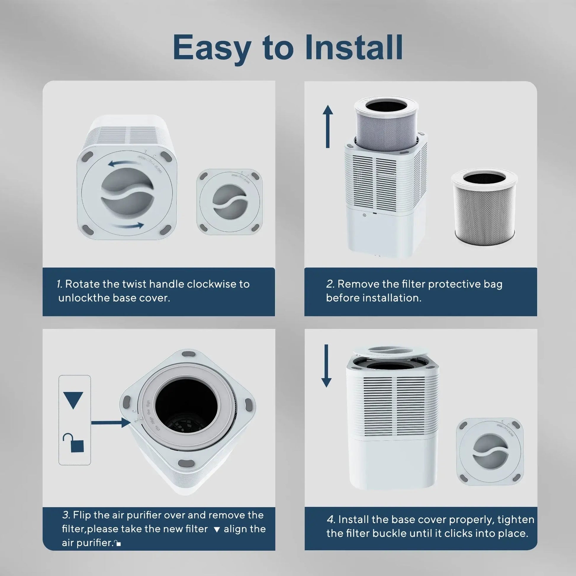 Easy to install instructions for HEPA air purifier for smoke odor removal with negative ion generator.