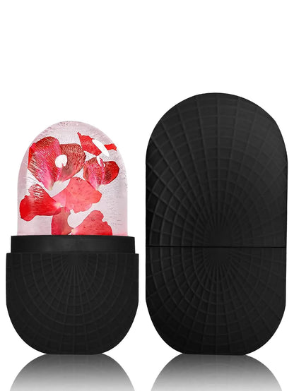 Premium Face Ice Roller For Face And Eyes – Cooling + Leak-Proof Silicone Ice Mold shown with black silicone case and floral ice insert
