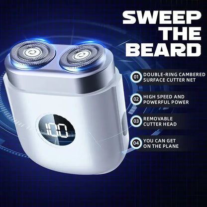 Rechargeable beard shaver with dual-ring rotary cutters and LED display for on-the-go grooming.