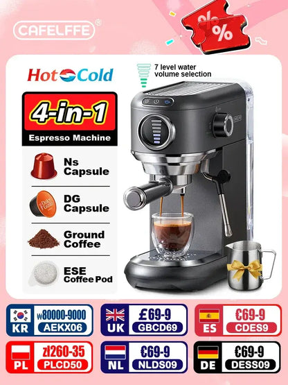 Espresso Machine – Cafe-Quality Drinks + 4-In-1 Capsule Pod NES ESE Ground Coffee compact stainless steel 2-cup 4-in-1 espresso machine