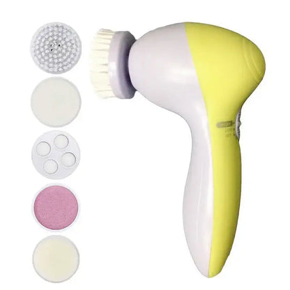 5-in-1 Electric facial cleansing brush and massager showing yellow white device with five interchangeable heads