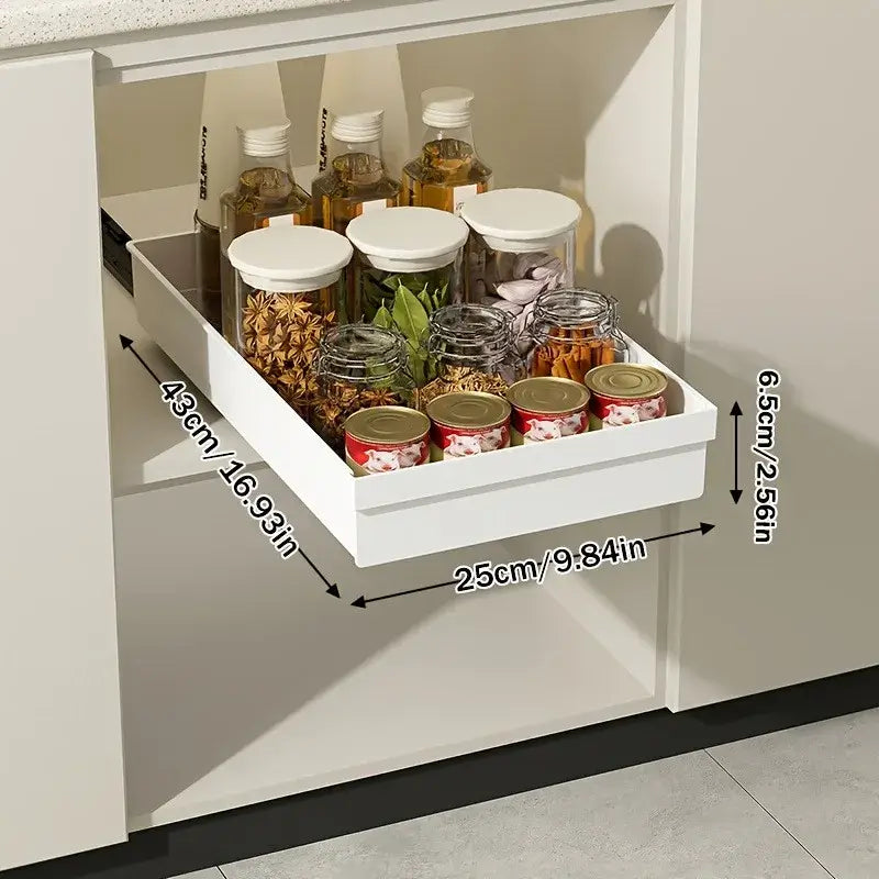 Slide Out Cabinet Organizer No Drill Magic Tray Heavy Duty Space Saver Under Sink white slide-out under-sink organizer with jars and cans