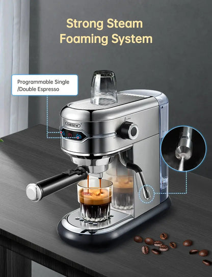 Espresso Machine – Cafe-Quality Espresso With Dense Crema And Rich Body + ESE Pod Compatible compact stainless steel 20-bar espresso machine