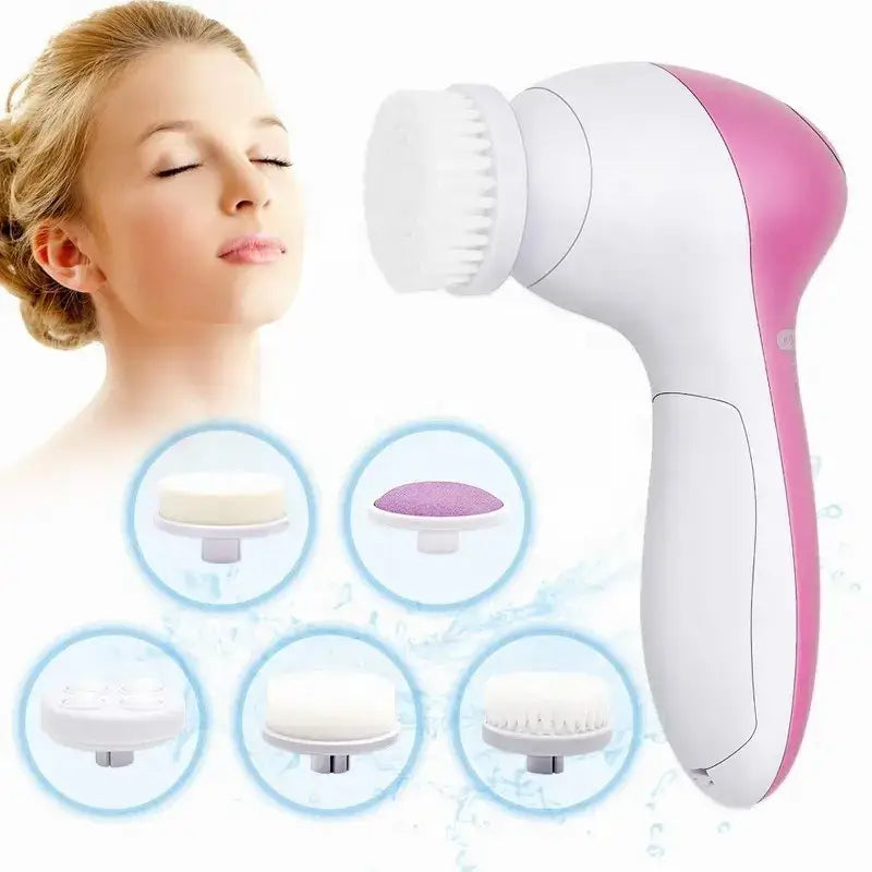5-in-1 Electric facial cleansing brush and massager - compact blackhead cleaner with 5 brush heads, vibration massage, battery-powered