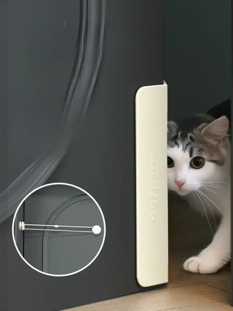 Pet Door – Independent Pet Access For Cats And Dogs In Any Room + Adhesive Mount showing cat using adhesive-mounted two-way flap with elastic tension strap