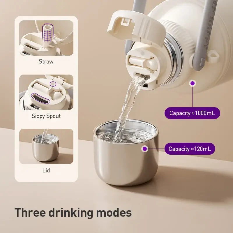 Avent Kids Vacuum Bottle For All-Day Temperature Control showing three drinking modes: straw, sippy spout, and lid.