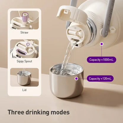 Avent Kids Vacuum Bottle For All-Day Temperature Control showing three drinking modes: straw, sippy spout, and lid.