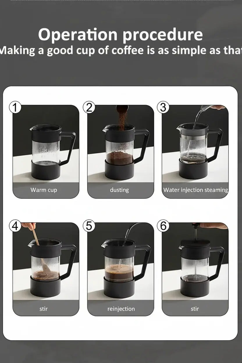 French Press - Bold Flavor + Heat Resistant Borosilicate Glass showing step-by-step six-step operation procedure for brewing coffee (warm cup, dusting, water, stir, re-injection)