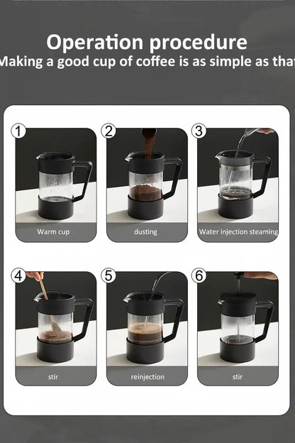 French Press - Bold Flavor + Heat Resistant Borosilicate Glass showing step-by-step six-step operation procedure for brewing coffee (warm cup, dusting, water, stir, re-injection)