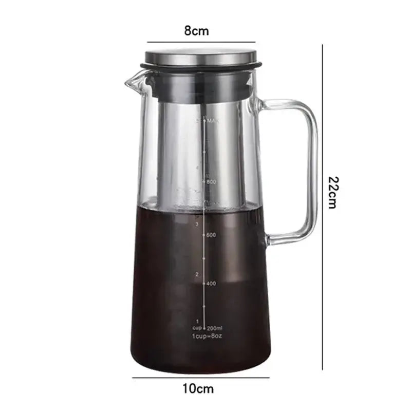Cold Brew Coffee Maker – Keeps Aroma Fresh + 1.0L Glass Carafe airtight glass pitcher with removable stainless steel filter and measurements