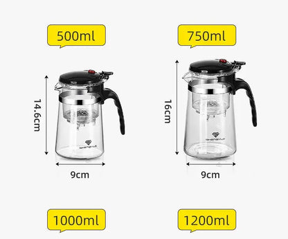 Glass Teapot 1L – Rich Aroma + One-Click Filter System shown with 500ml, 750ml, 1000ml, 1200ml size comparison