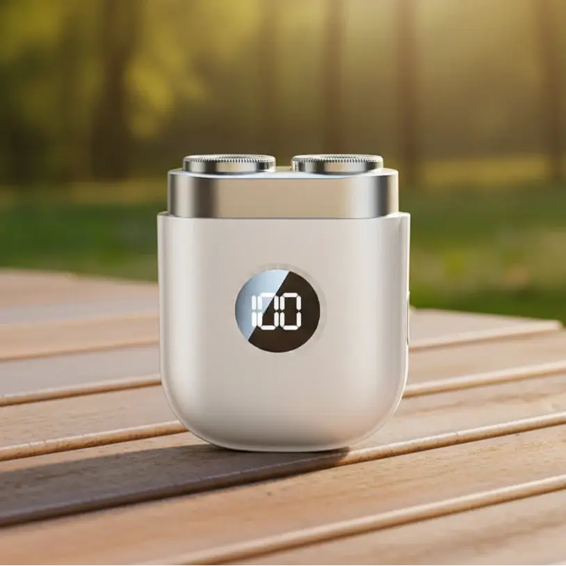 Rechargeable beard shaver with dual-head rotary design and digital display, perfect for compact grooming.